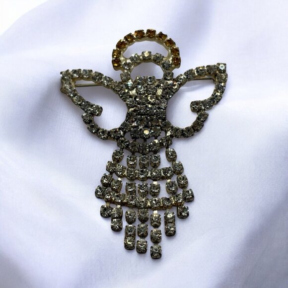 Unbranded Jewelry - VTG Angel Brooch Pin Cherub w/ Halo Dangling Crystal Clear Rhinestones No Lead